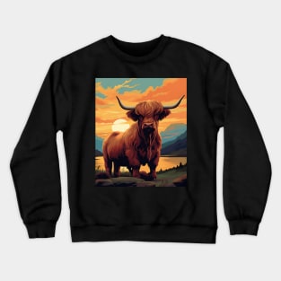 Highland Cattle Sunset Retro Art | Vintage-Inspired Landscape with Scottish Cows Crewneck Sweatshirt